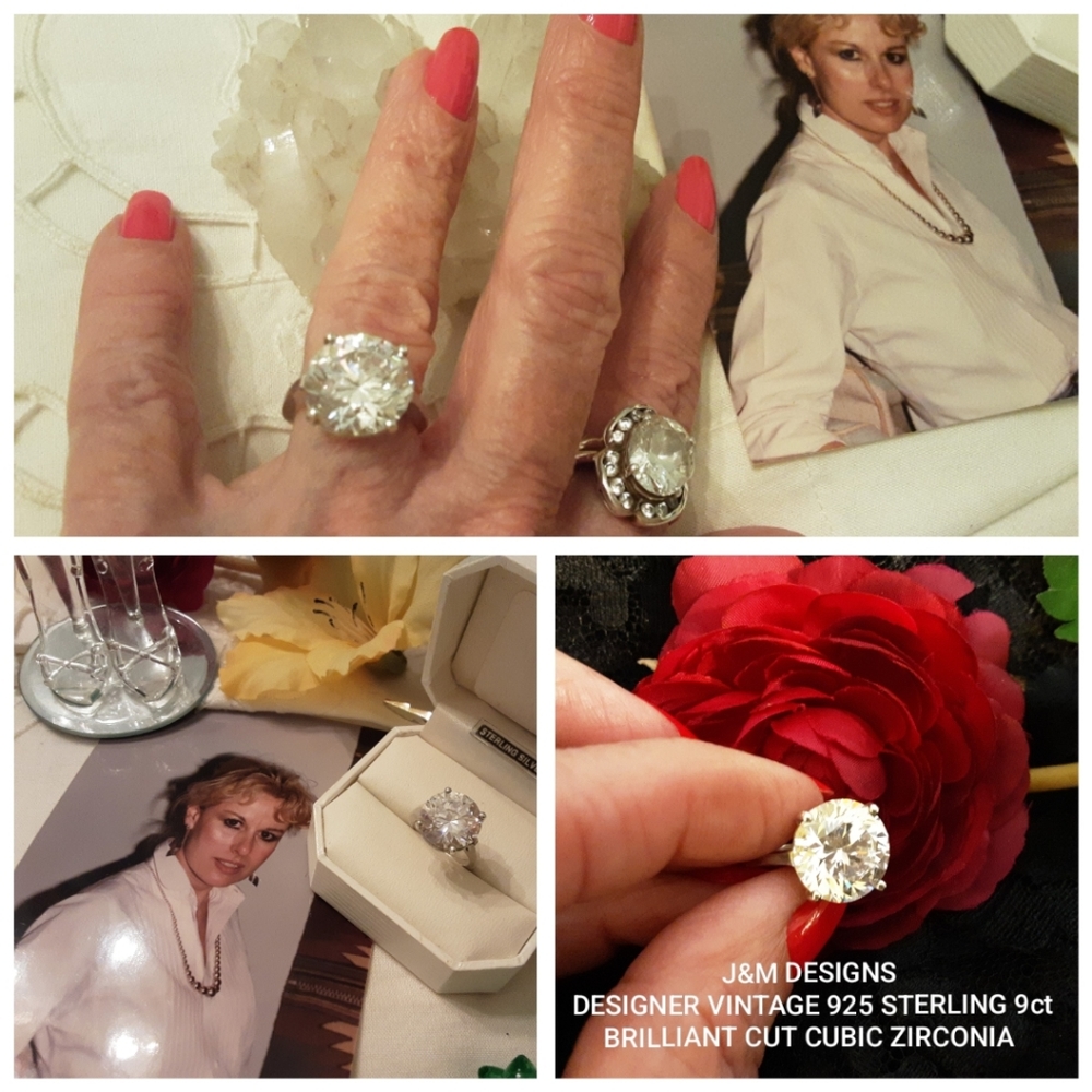 VINTAGE J&M DESIGNS 925 SOLID STERLING 9ct. BRILLIANT CUT CUBIC ZIRCONIA RING